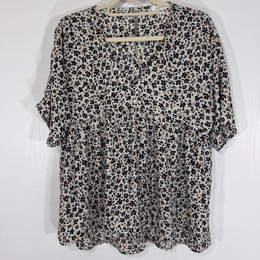 Mitooshop Women Floral Print V-Neck Babydoll Blouse‎ Top Short Sleeve Size M